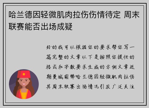哈兰德因轻微肌肉拉伤伤情待定 周末联赛能否出场成疑